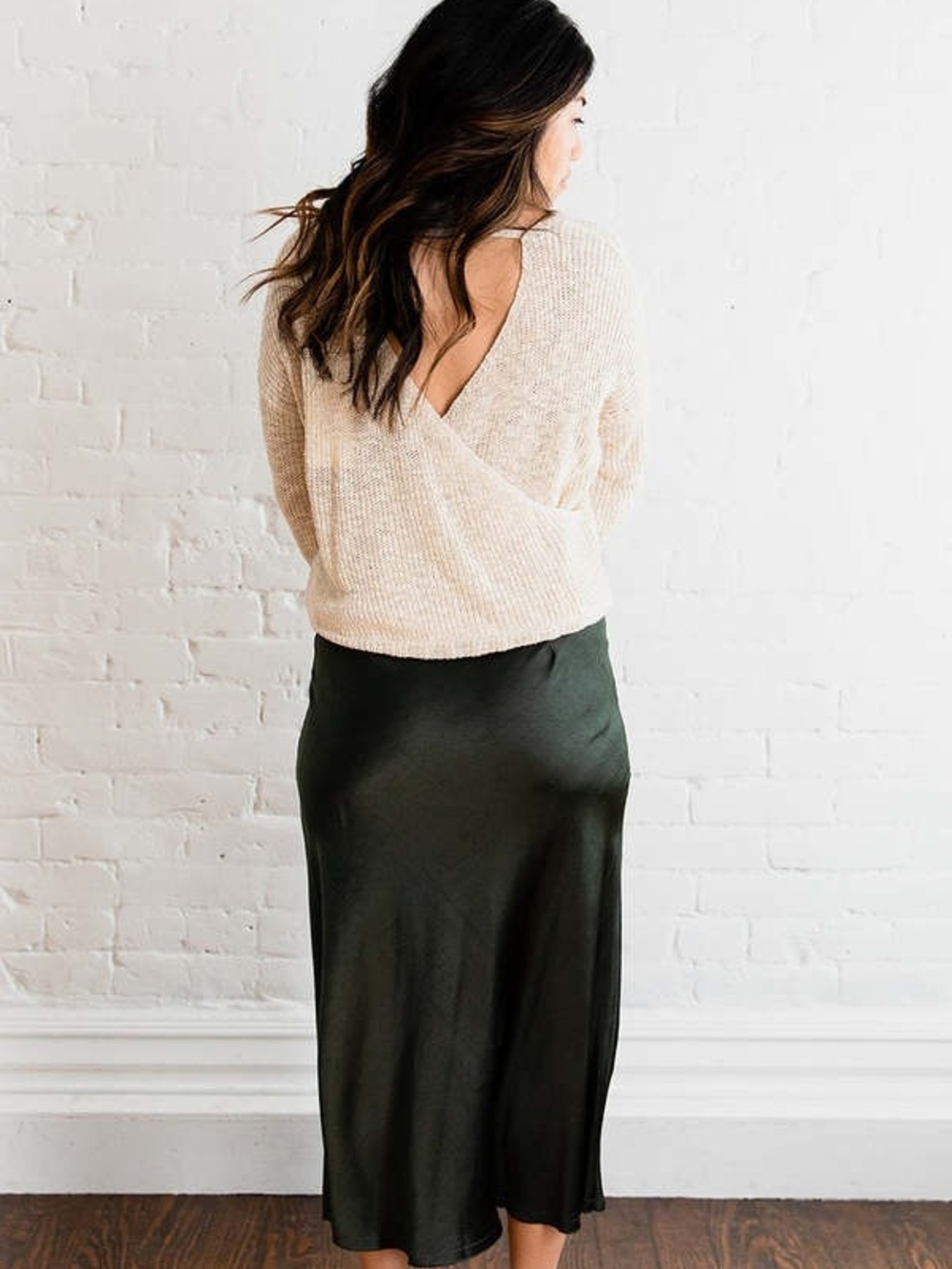 MIOU MUSE | NWT Open Back Wrap V-Neck Textured Knit Sweater Boho Beige | XL - Picture 3 of 10